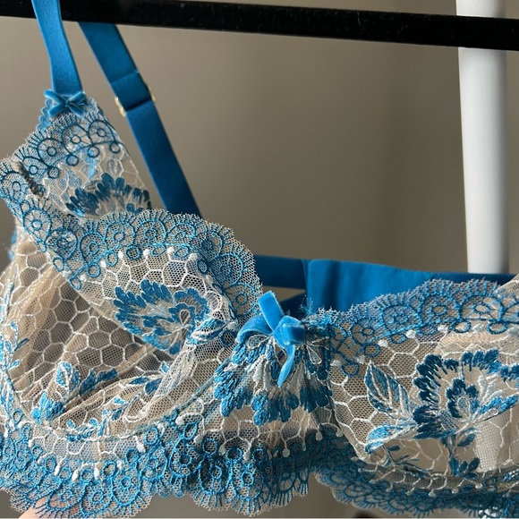 🔖Dita Von Teese Lingerie Evelina Underwire Bra Blue Lace Bow Embroidery Mesh - Picture 7 of 9